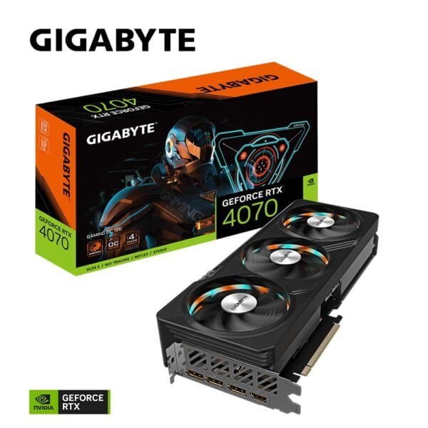 GIGABYTE GeForce RTX 4070 GAMING OC 12G Card And Box Logos