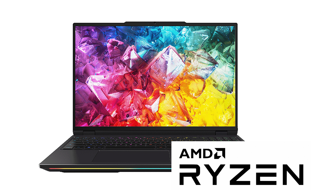 16 WS-M AR-A 9-9955HX3D RTX 5070 Ti AI Stone X6FR57TY Front Open AMD Ryzen Logo